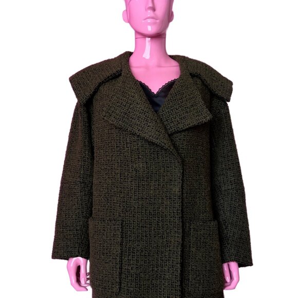 ASOS 8 Coat Olive Green Hooded Wool Blend Chunky Woven Boucle Tweed Outerwear - Picture 15 of 15